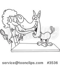 Cartoon Black and White Line Drawing of a Dog Licking His Groomer by Toonaday