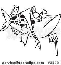 Cartoon Black and White Line Drawing of a Granny Fish with a Cane by Toonaday