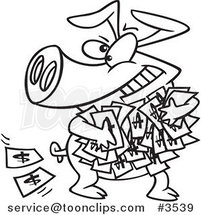 Cartoon Black and White Line Drawing of a Greedy Pig with Money by Toonaday