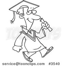 Cartoon Black and White Line Drawing of a Graduate Guy Walking by Toonaday