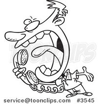 Cartoon Black and White Line Drawing of a Guy Screaming into a Telephone by Toonaday