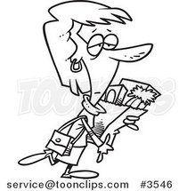 Cartoon Black and White Line Drawing of a Tired Lady Carrying a Bag of Groceries by Toonaday