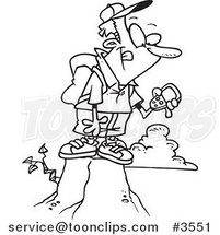 Cartoon Black and White Line Drawing of a Guy on Top of a Mountain with His Gps Device by Toonaday