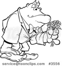 Cartoon Black and White Line Drawing of a Romantic Gorilla Holding Flowers by Toonaday