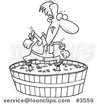 Cartoon Black and White Line Drawing of a Guy Stomping Grapes by Toonaday