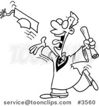Cartoon Black and White Line Drawing of a Graduate Tossing His Cap by Toonaday