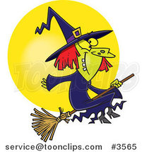 Cartoon Happy Witch on Her Broomstick by Toonaday