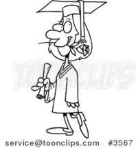 Cartoon Black and White Line Drawing of a Female College Graduate with a Rose in Her Mouth by Toonaday