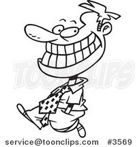 Cartoon Black and White Line Drawing of a Happy Business Man Walking and Grinning by Toonaday