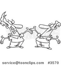 Cartoon Black and White Line Drawing of a Two Happy Men Greeting Each Other by Toonaday