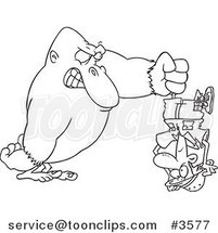 Cartoon Black and White Line Drawing of a Gorilla Holding a Guy Upside down by Toonaday