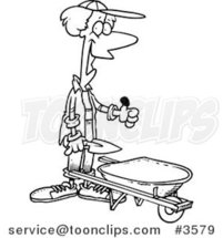 Cartoon Black and White Line Drawing of a Green Thumb Gardener with a Wheel Barrow by Toonaday