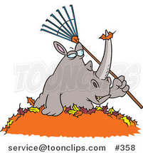 Cartoon Rhino Holding a Rake in a Pile of Leaves by Toonaday