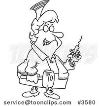 Cartoon Black and White Line Drawing of a Grim Nurse Holding a Syringe and Hammer by Toonaday