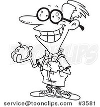 Cartoon Black and White Line Drawing of a Nerdy School Boy Holding an Apple by Toonaday