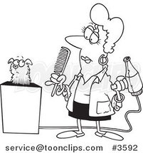 Cartoon Black and White Line Drawing of a Dog Groomer Holding a Comb and Blow Dryer by Toonaday