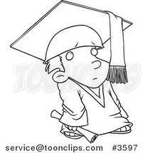 Cartoon Black and White Line Drawing of a Shy Graduate Boy by Toonaday