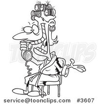 Cartoon Black and White Line Drawing of a Lady Talking Gossip on the Phone by Toonaday