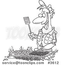 Cartoon Black and White Line Drawing of a Guy Cooking on a Griddle over a Camp Fire by Toonaday