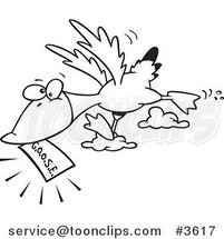 Cartoon Black and White Line Drawing of a Goose Flying with a Golden Ticket by Toonaday