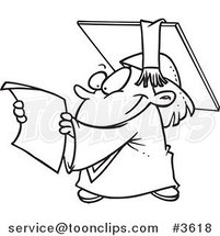 Cartoon Black and White Line Drawing of a Graduate Kid Reading a Certificate by Toonaday