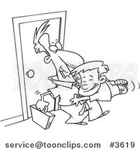 Cartoon Black and White Line Drawing of a Boy Jumping on His Dad when He Arrives Home by Toonaday
