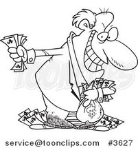 Cartoon Black and White Line Drawing of a Greedy Rich Business Man Holding His Money by Toonaday