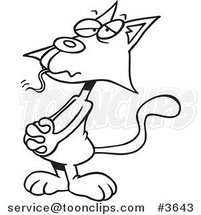 Cartoon Black and White Line Drawing of a Guilty Cat with a Mouse in His Mouth by Toonaday