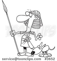 Cartoon Black and White Line Drawing of a Dog Sniffing an Egyptian Guard's Foot, by Toonaday