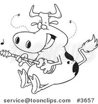 Cartoon Black and White Line Drawing of a Cow Guitarist by Toonaday