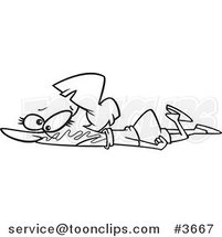 Cartoon Black and White Line Drawing of a Lady Collapsed on the Ground with Bubble Gum in Her Face by Toonaday