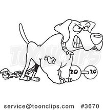 Cartoon Black and White Line Drawing of a Guard Dog with a Dumbbell by Toonaday