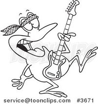 Cartoon Black and White Line Drawing of a Dancing Guitarist Frog by Toonaday
