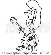 Cartoon Black and White Line Drawing of a Female Guitarist Sitting on a Stool by Toonaday
