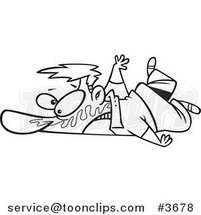 Cartoon Black and White Line Drawing of a Guy Collapsed on the Ground with Bubble Gum in His Face by Toonaday