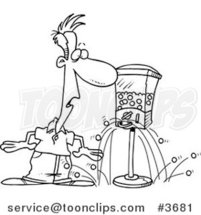 Cartoon Black and White Line Drawing of a Gumball Machine Dropping Gum on the Floor by a Guy by Toonaday