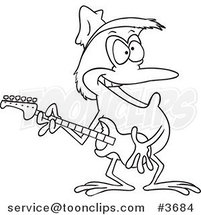 Cartoon Black and White Line Drawing of a Guitarist Frog Wearing a Straw Hat by Toonaday