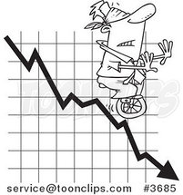 Cartoon Black and White Line Drawing of a Blindfolded Guy Unicycling down a Graph by Toonaday