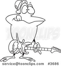 Cartoon Black and White Line Drawing of a Guitarist Frog by Toonaday