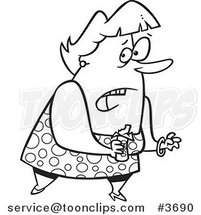 Cartoon Black and White Line Drawing of a Guilty Overweight Lady Eating a Candy Bar by Toonaday