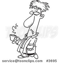 Cartoon Black and White Line Drawing of a Grumpy Guy Holding His Cup of Morning Coffee by Toonaday