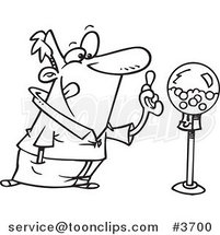 Cartoon Black and White Line Drawing of a Guy Holding Gum by a Gumball Machine by Toonaday