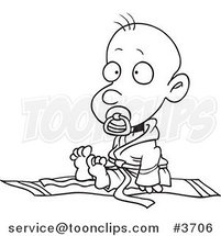 Cartoon Black and White Line Drawing of a Baby Boy in a Judoka Robe by Toonaday