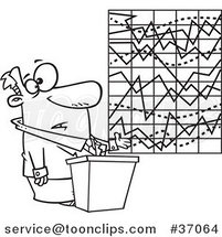 Cartoon Outlined Business Man Trying to Explain a Messed up Chart by Toonaday