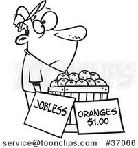 Cartoon Outlined Unemployed Guy Trying to Sell Oranges by Toonaday