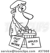 Cartoon Outlined Homeless Guy Trying to Sell Apples by Toonaday
