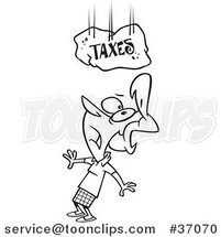 Cartoon Outlined Lady Under a Falling Taxes Boulder by Toonaday