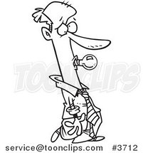 Cartoon Black and White Line Drawing of a Business Man with a Bad Idea Bulb in His Mouth by Toonaday