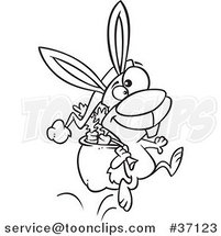 Cartoon Outlined Christmas Bunny Hopping with Carrots in His Sack by Toonaday