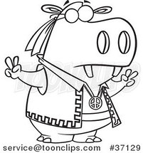 Cartoon Outlined Hippie Hippo Gesturing Peace by Toonaday